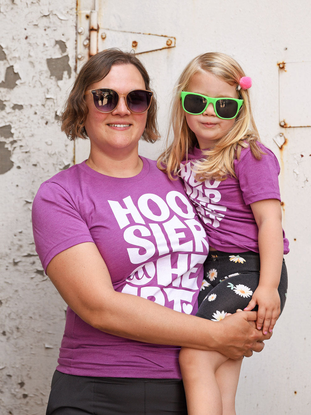 Hoosier at Heart magenta t-shirt on mom and daughter in sunglasses