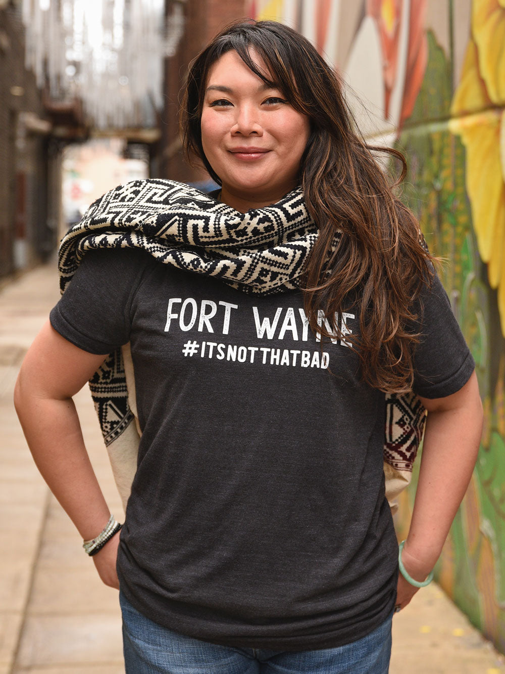 Fort Wayne #itsnotthatbad black heather t-shirt on model with scarf