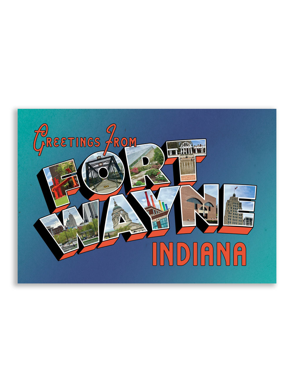 Greetings from Fort Wayne Indiana postcard vintage inspired blue background