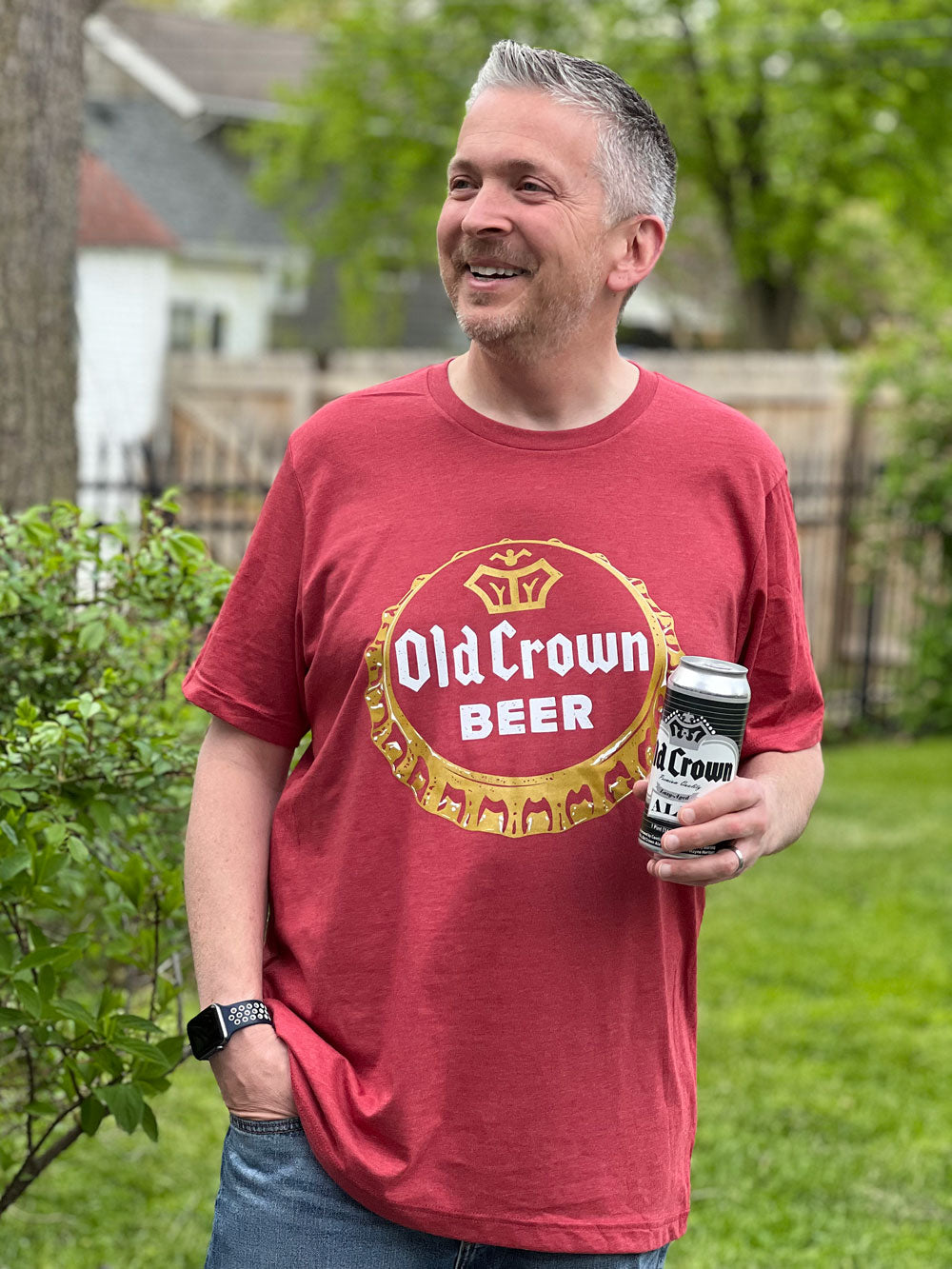 Old Crown Beer red heather t-shirt on model with Old Crown Beer in hand