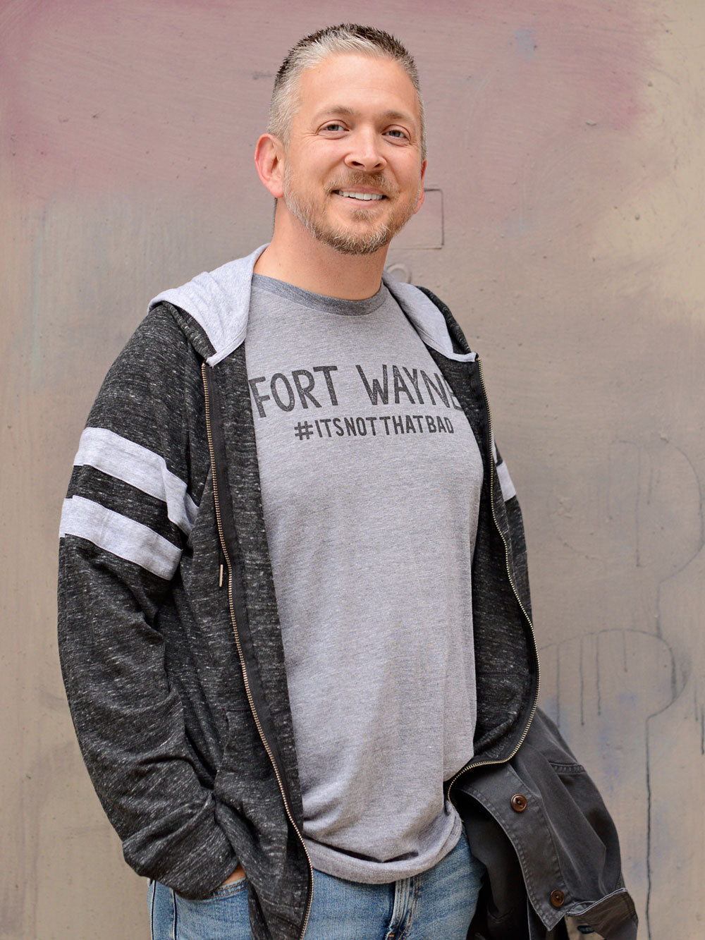 Fort Wayne #itsnotthatbad gray heather t-shirt on model with coat