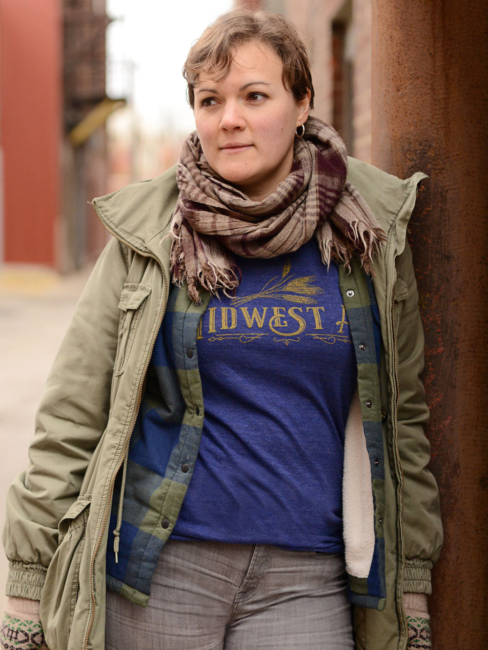 Midwest AF indigo heather t-shirt on model with scarf
